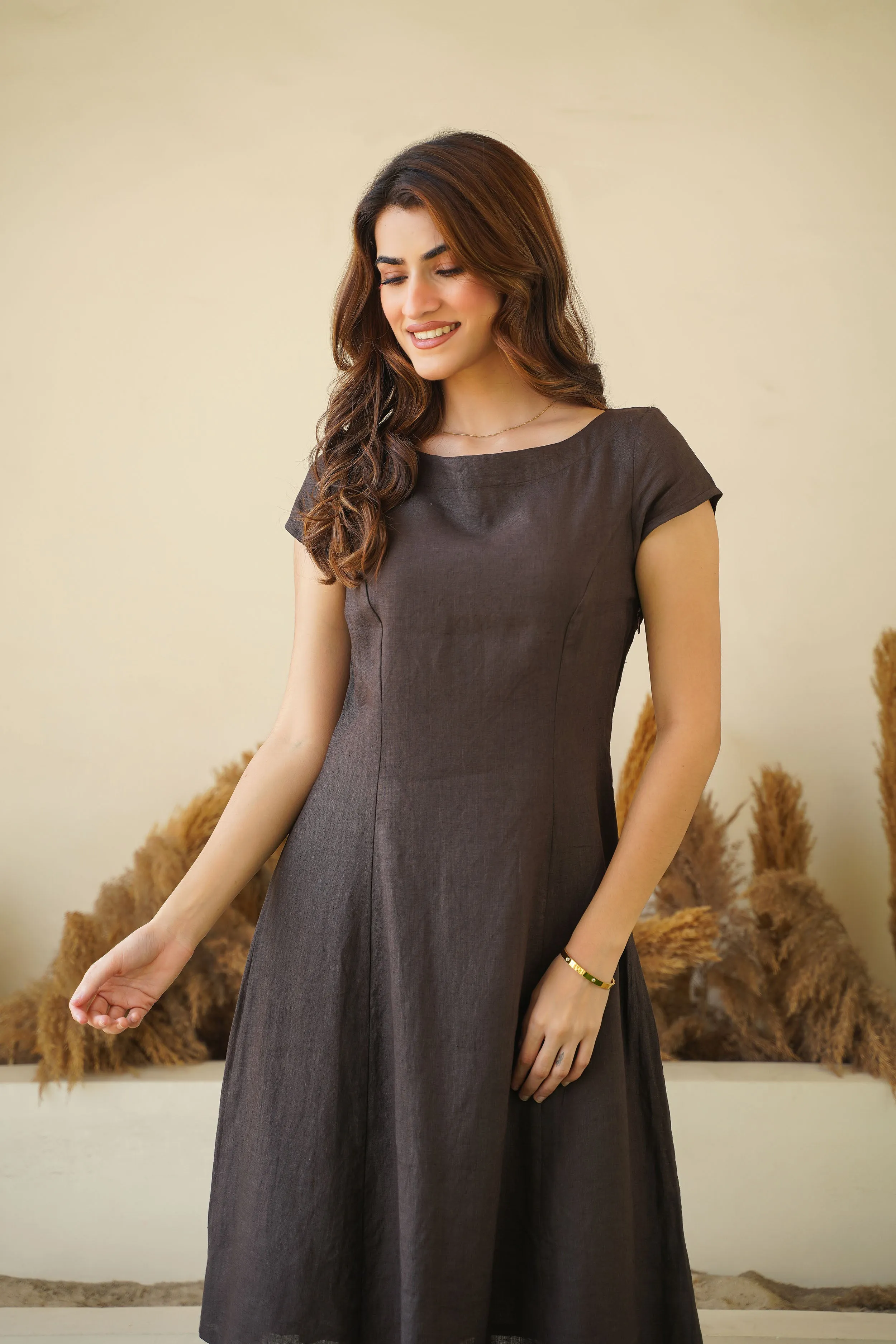 Brown Bliss Linen Dress with Cap Sleeves, Boat Neck & Princess Seams | Short Linen Tunic Dress