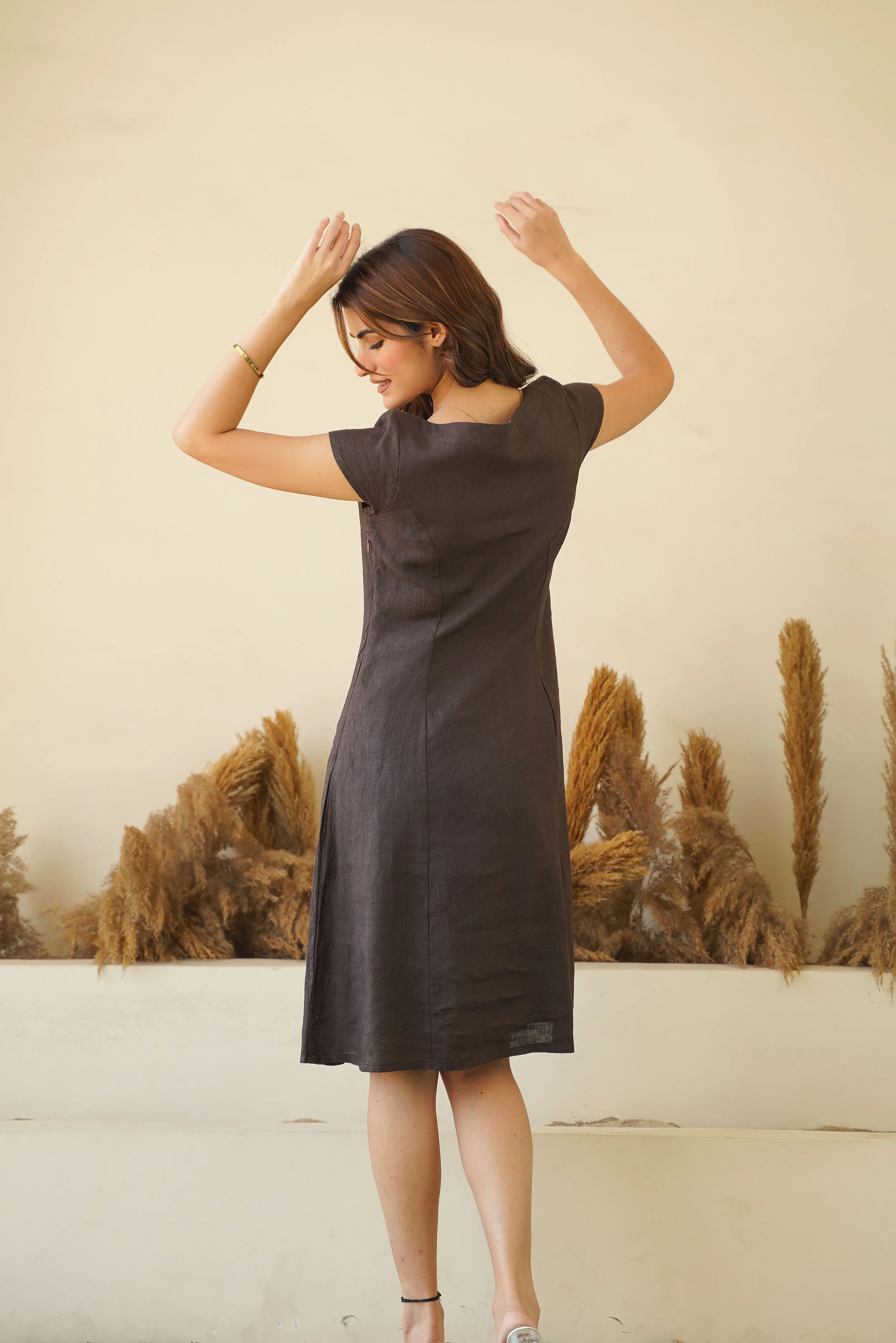 Brown Bliss Linen Dress with Cap Sleeves, Boat Neck & Princess Seams | Short Linen Tunic Dress