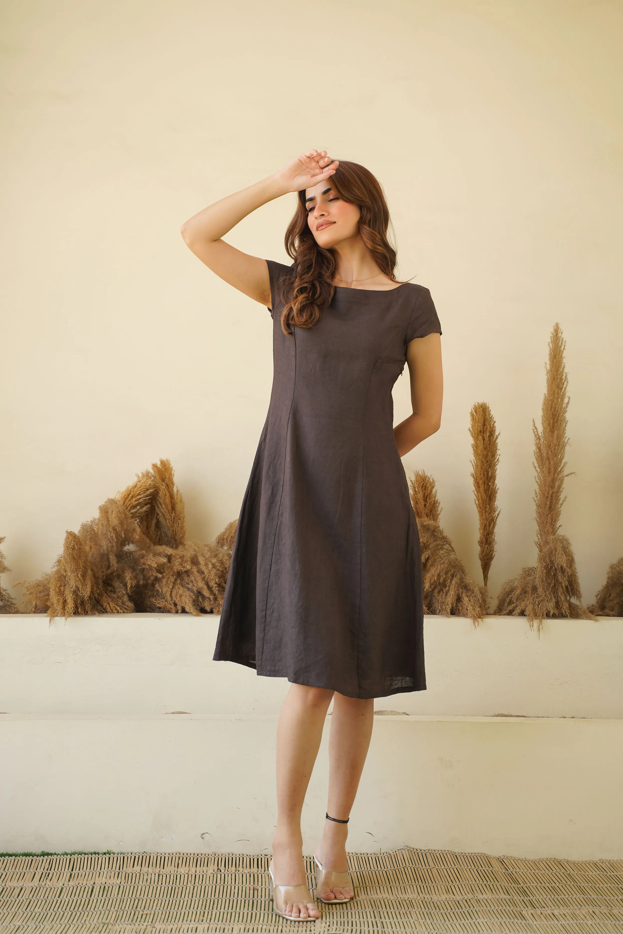 Brown Bliss Linen Dress with Cap Sleeves, Boat Neck & Princess Seams | Short Linen Tunic Dress