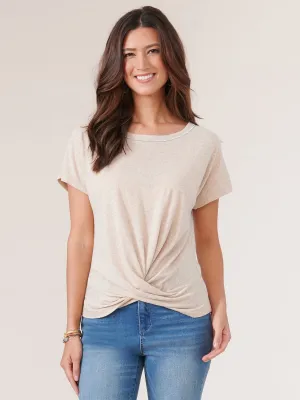 Extended Short Sleeve Scoopneck Twist Front Hem Knit Top