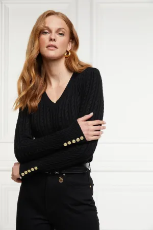 Holland Cooper Seattle Cable V Neck Knitwear in Black