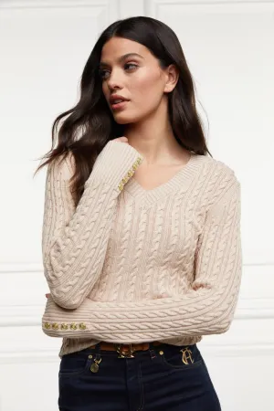 Holland Cooper Seattle Cable V Neck Knitwear in Oatmeal