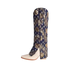 Pre Order:  Pointed Toe Chunky Heel Sequined Denim Leg Boots