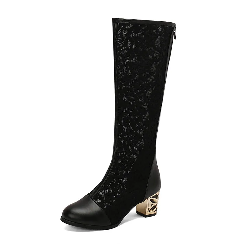 Trendy Lace Mesh Patchwork Knee Boots