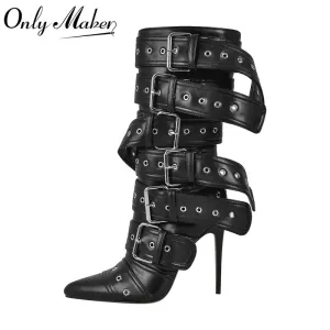 Trendy Pointed Toe Mid-Calf Buckle Strap Heel Boots