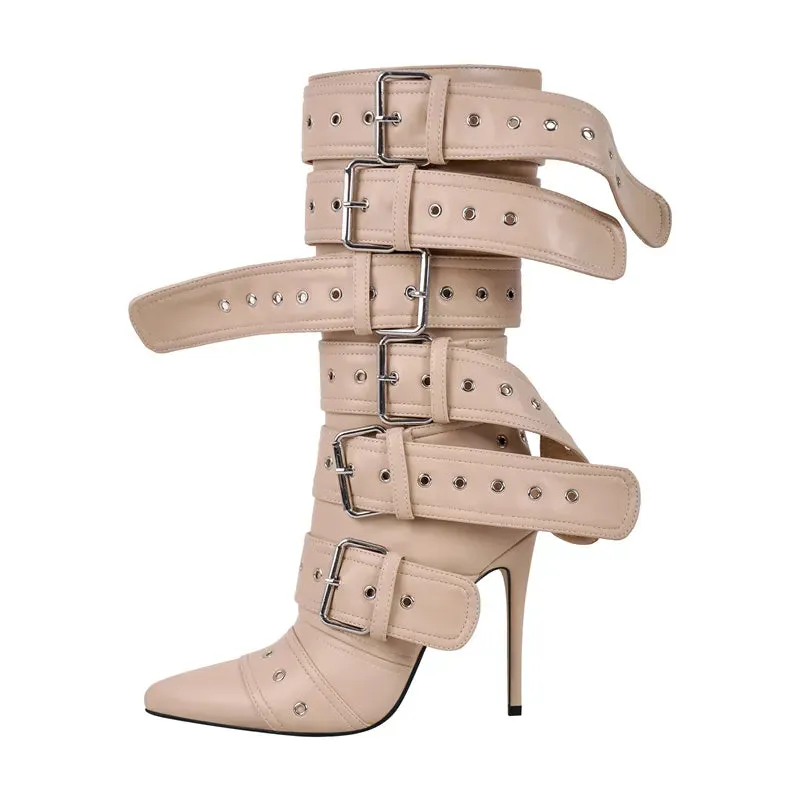 Trendy Pointed Toe Mid-Calf Buckle Strap Heel Boots