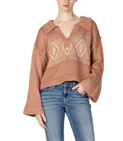 Women's Miss Me Aztec Knit Collar Salmon Sweater