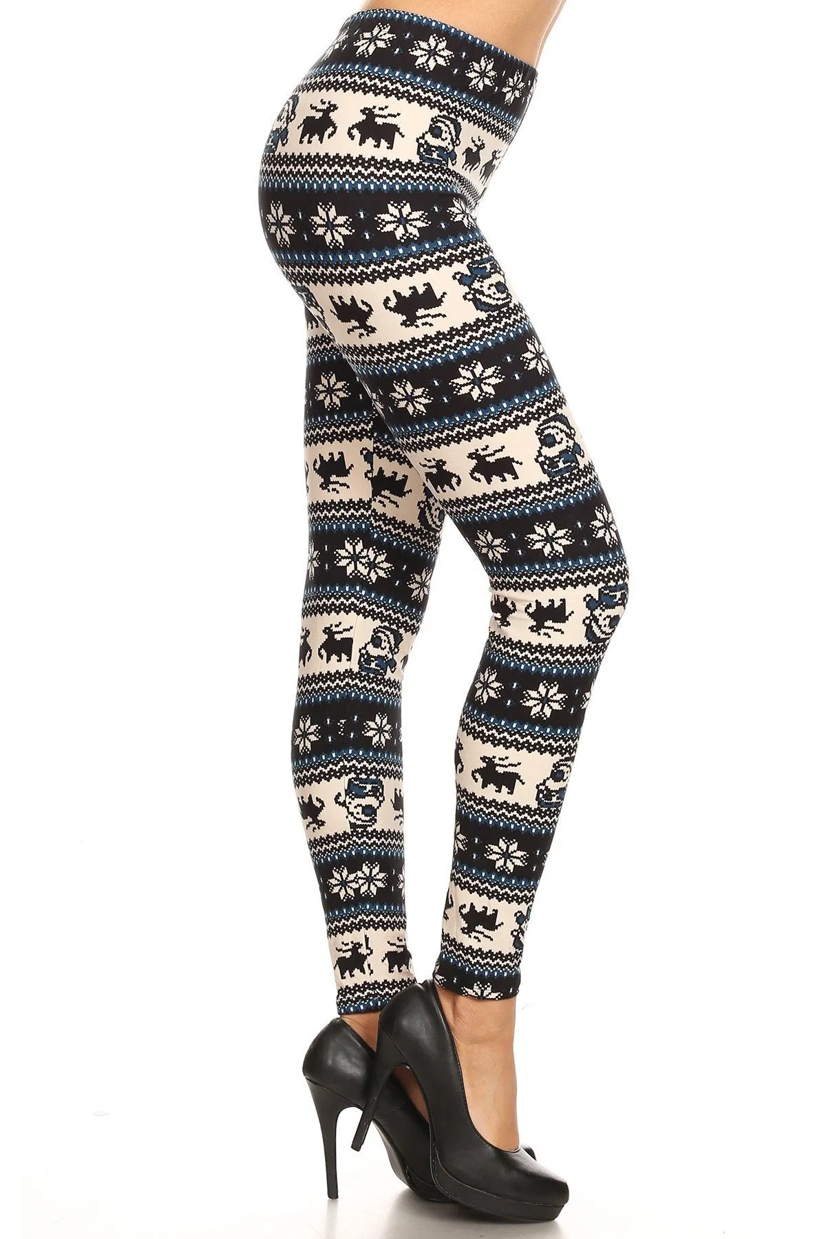 Women's Regular B&W Santa Reindeer Fair Isle Pattern Printed Leggings